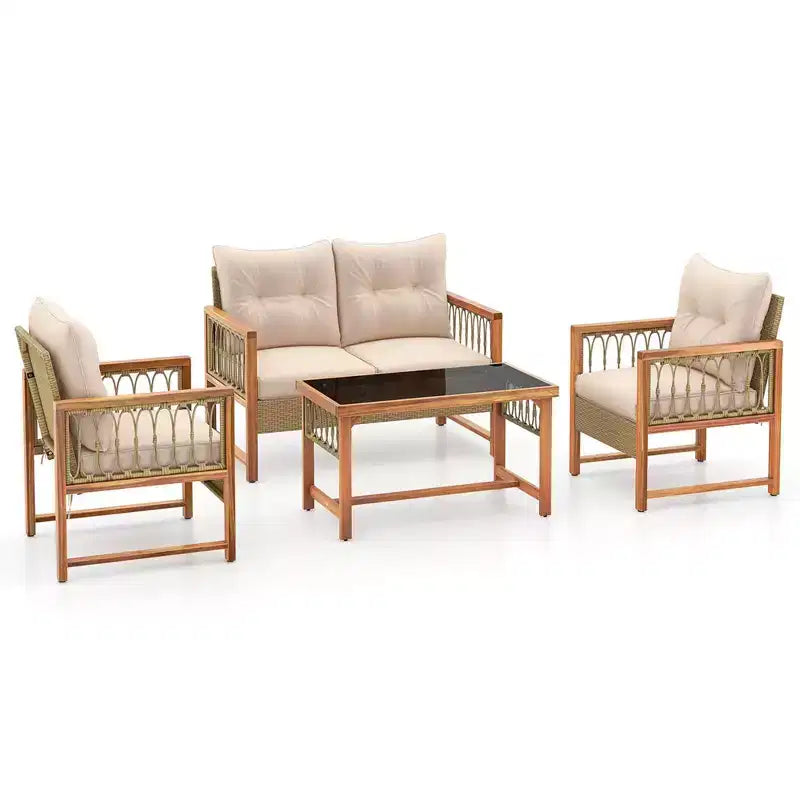 Costway 4-teiliges Gartenmöbel-Set mit Akazienholzrahmen, Kissen und Couchtisch