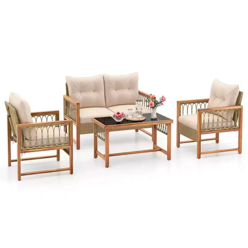 Costway 4-teiliges Gartenmöbel-Set mit Akazienholzrahmen, Kissen und Couchtisch