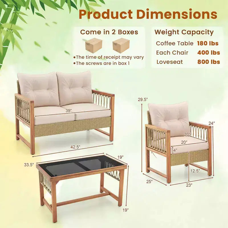 Costway 4-teiliges Gartenmöbel-Set mit Akazienholzrahmen, Kissen und Couchtisch