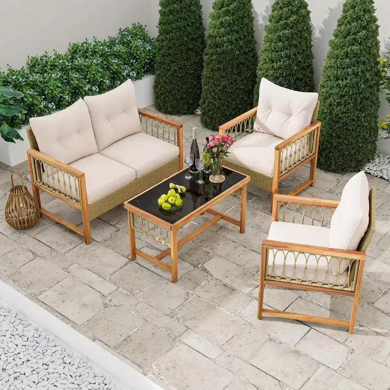 Costway 4-teiliges Gartenmöbel-Set mit Akazienholzrahmen, Kissen und Couchtisch