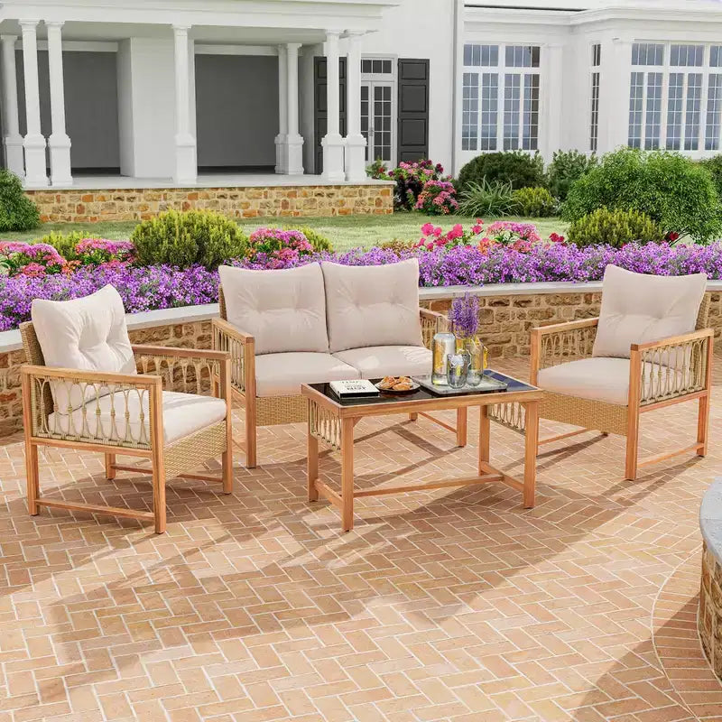 Costway 4-teiliges Gartenmöbel-Set mit Akazienholzrahmen, Kissen und Couchtisch