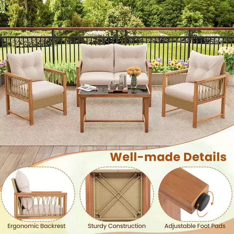 Costway 4-teiliges Gartenmöbel-Set mit Akazienholzrahmen, Kissen und Couchtisch