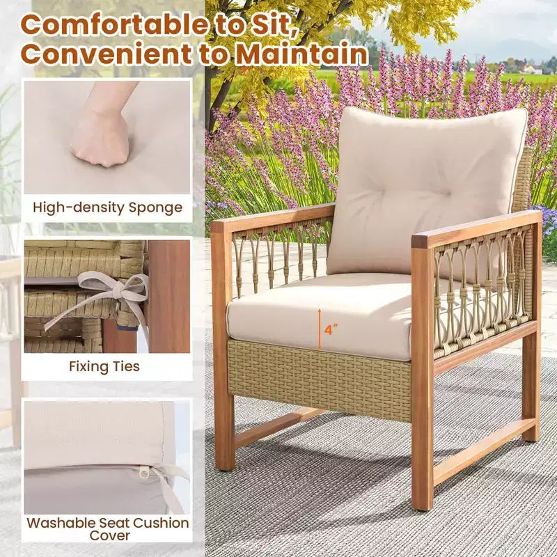 Costway 4-teiliges Gartenmöbel-Set mit Akazienholzrahmen, Kissen und Couchtisch