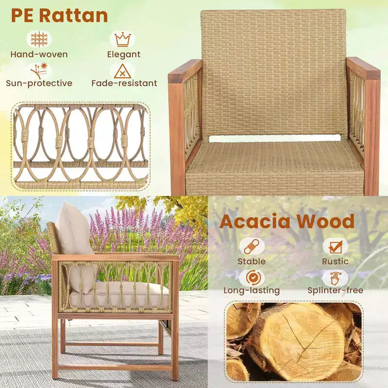 Costway 4-teiliges Gartenmöbel-Set mit Akazienholzrahmen, Kissen und Couchtisch