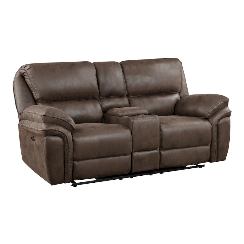 Brown Microfiber Power Double Recliner Loveseat with USB & Console for 2 Person