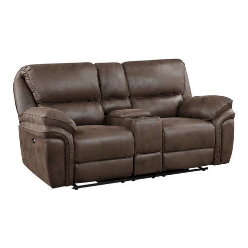 Braunes Mikrofaser-Doppelsofa mit elektrischer Relaxfunktion, USB-Anschluss und Konsole für 2 Personen