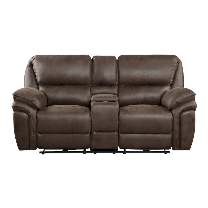 Brown Microfiber Power Double Recliner Loveseat with USB & Console for 2 Person