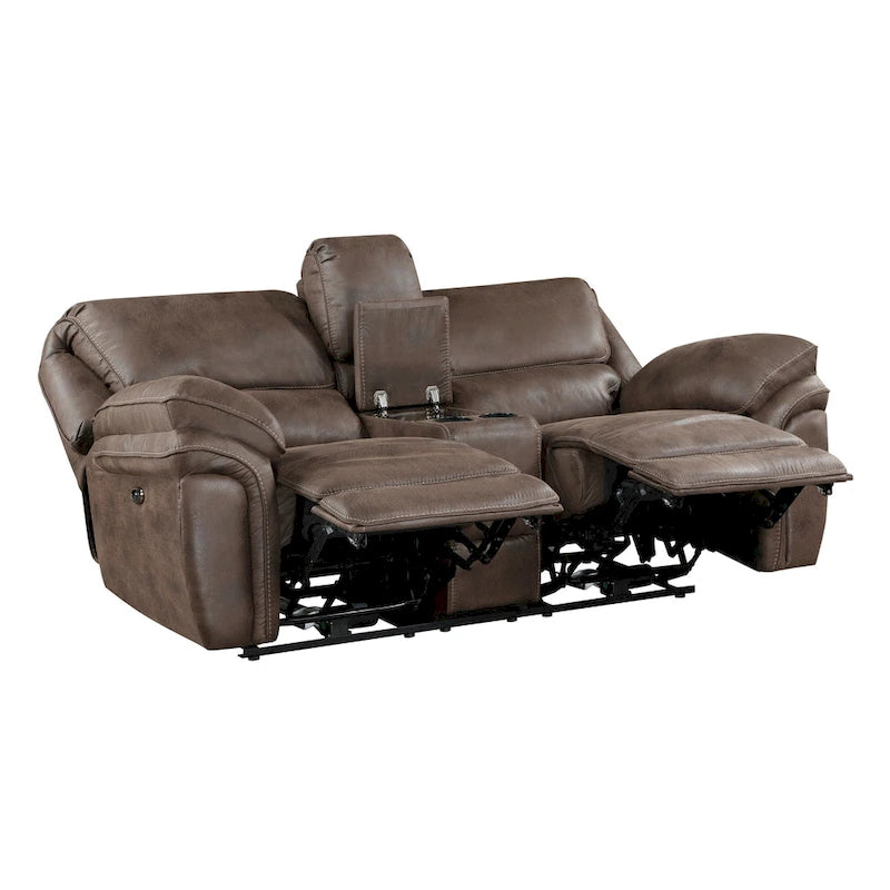 Brown Microfiber Power Double Recliner Loveseat with USB & Console for 2 Person
