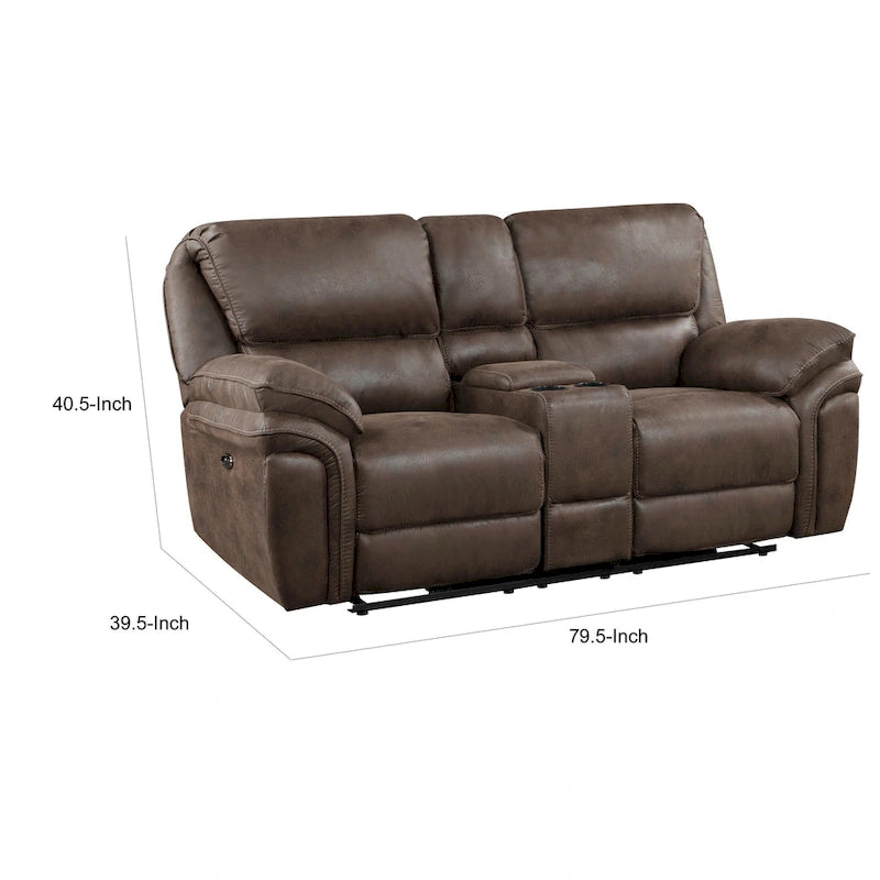 Brown Microfiber Power Double Recliner Loveseat with USB & Console for 2 Person