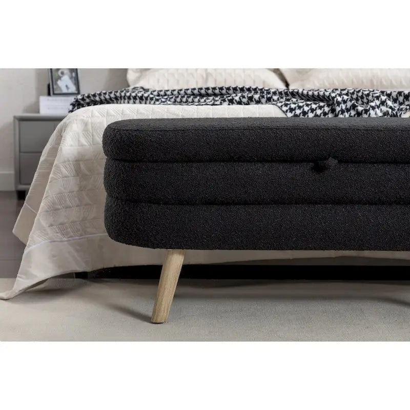 Ivory / Brown / Black Boucle Fabric Storage Bench with Wood Legs for 1–2 Person