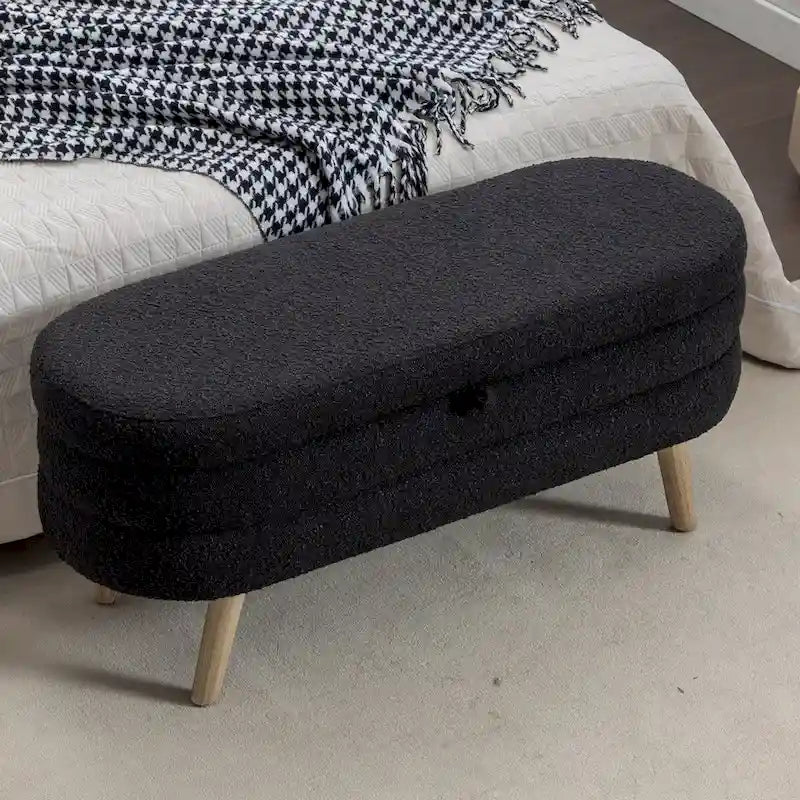 Ivory / Brown / Black Boucle Fabric Storage Bench with Wood Legs for 1–2 Person