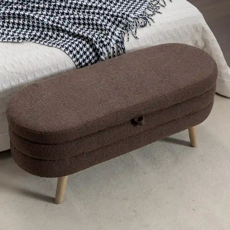 Ivory / Brown / Black Boucle Fabric Storage Bench with Wood Legs for 1–2 Person