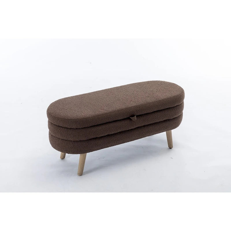 Ivory / Brown / Black Boucle Fabric Storage Bench with Wood Legs for 1–2 Person
