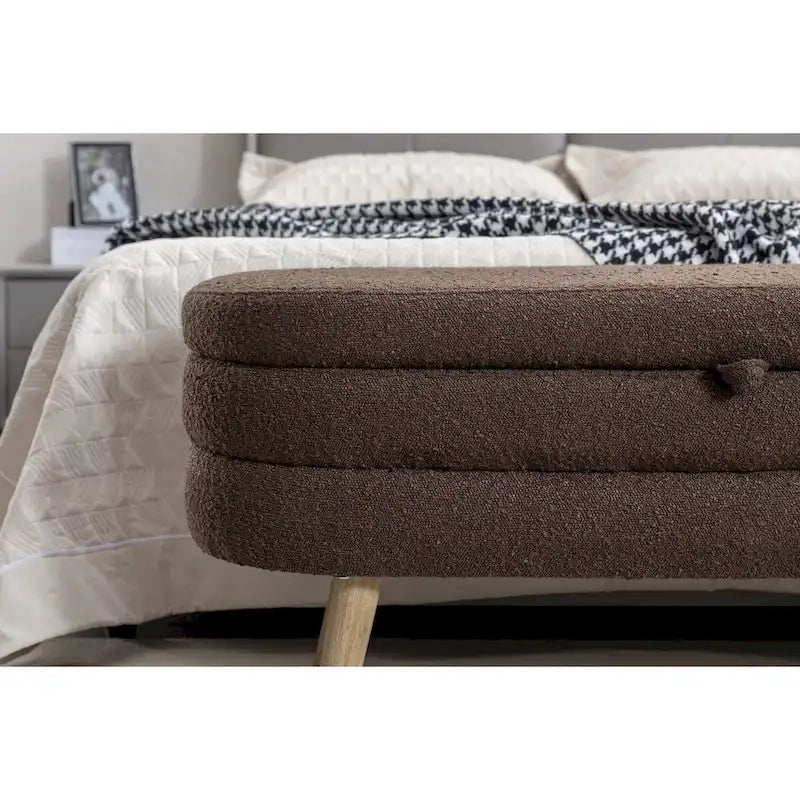 Ivory / Brown / Black Boucle Fabric Storage Bench with Wood Legs for 1–2 Person