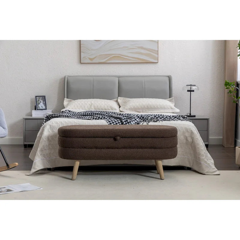 Ivory / Brown / Black Boucle Fabric Storage Bench with Wood Legs for 1–2 Person