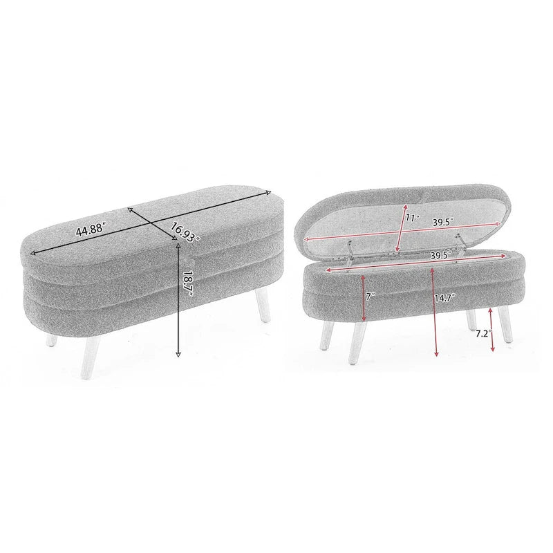 Ivory / Brown / Black Boucle Fabric Storage Bench with Wood Legs for 1–2 Person
