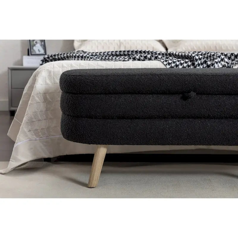 Ivory / Brown / Black Boucle Fabric Storage Bench with Wood Legs for 1–2 Person