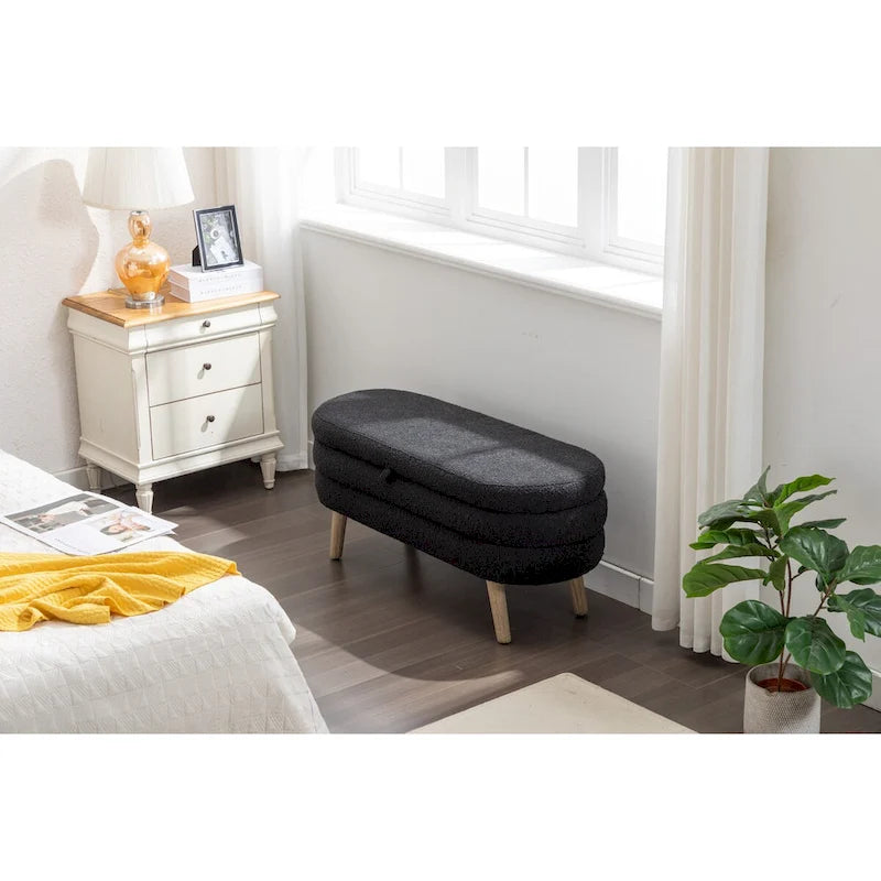 Ivory / Brown / Black Boucle Fabric Storage Bench with Wood Legs for 1–2 Person