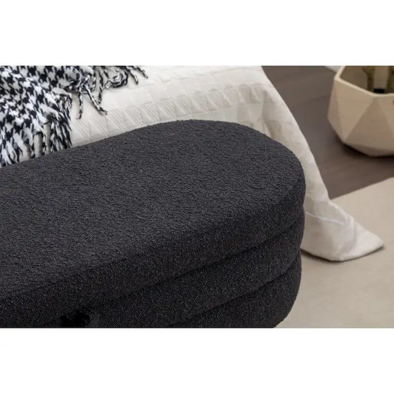 Ivory / Brown / Black Boucle Fabric Storage Bench with Wood Legs for 1–2 Person