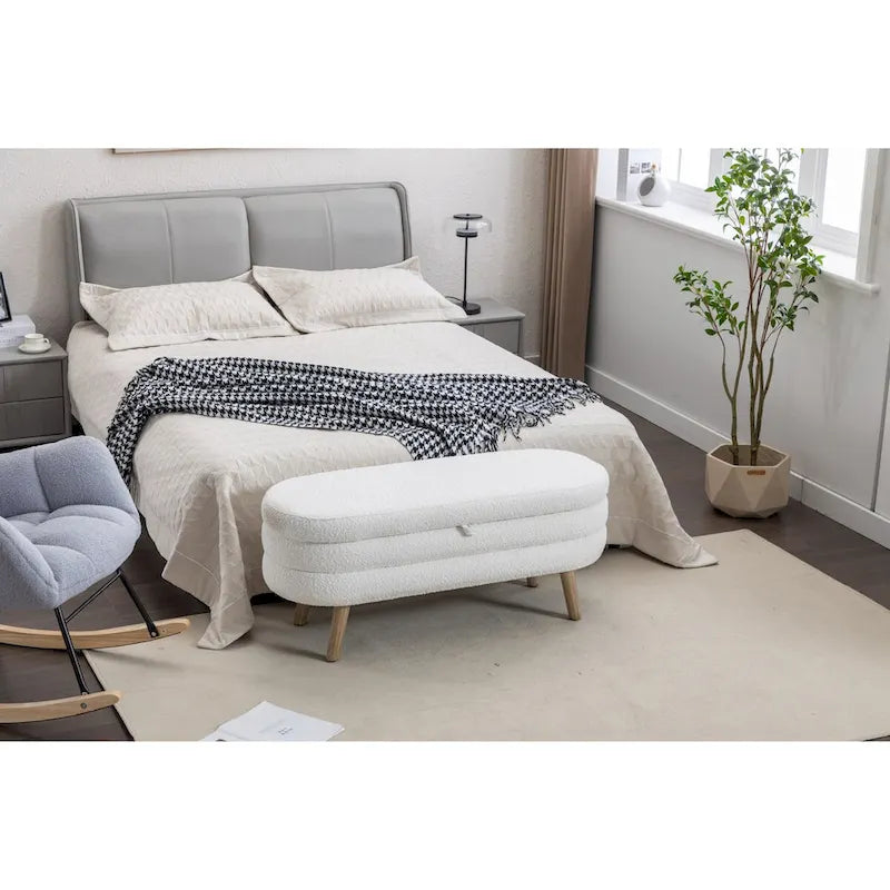 Ivory / Brown / Black Boucle Fabric Storage Bench with Wood Legs for 1–2 Person
