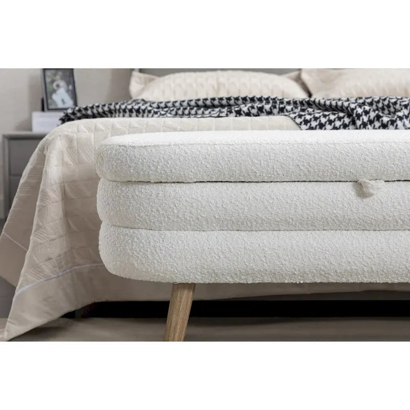 Ivory / Brown / Black Boucle Fabric Storage Bench with Wood Legs for 1–2 Person