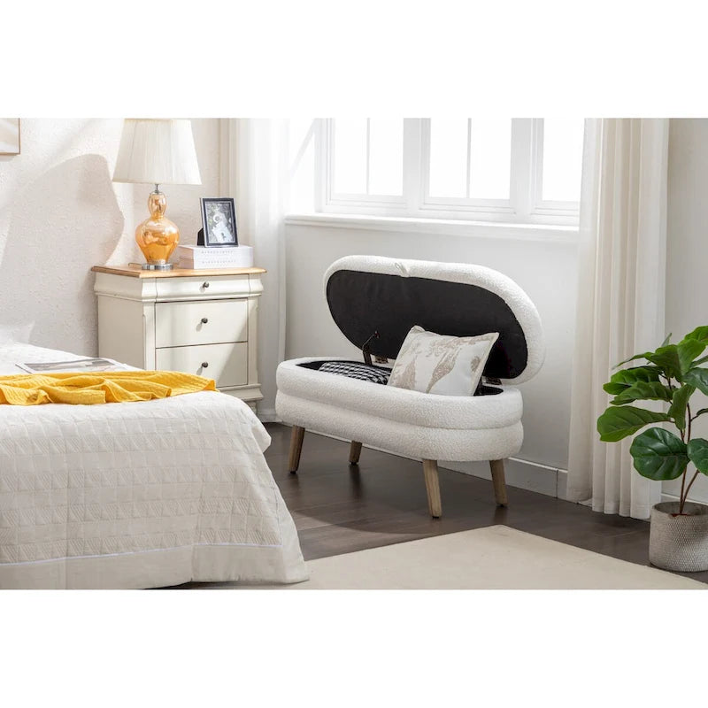 Ivory / Brown / Black Boucle Fabric Storage Bench with Wood Legs for 1–2 Person