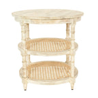 Brown / Distressed White / Grey Washed Solid Wood Round Side Table with 2 Cane Shelves for 1 Person