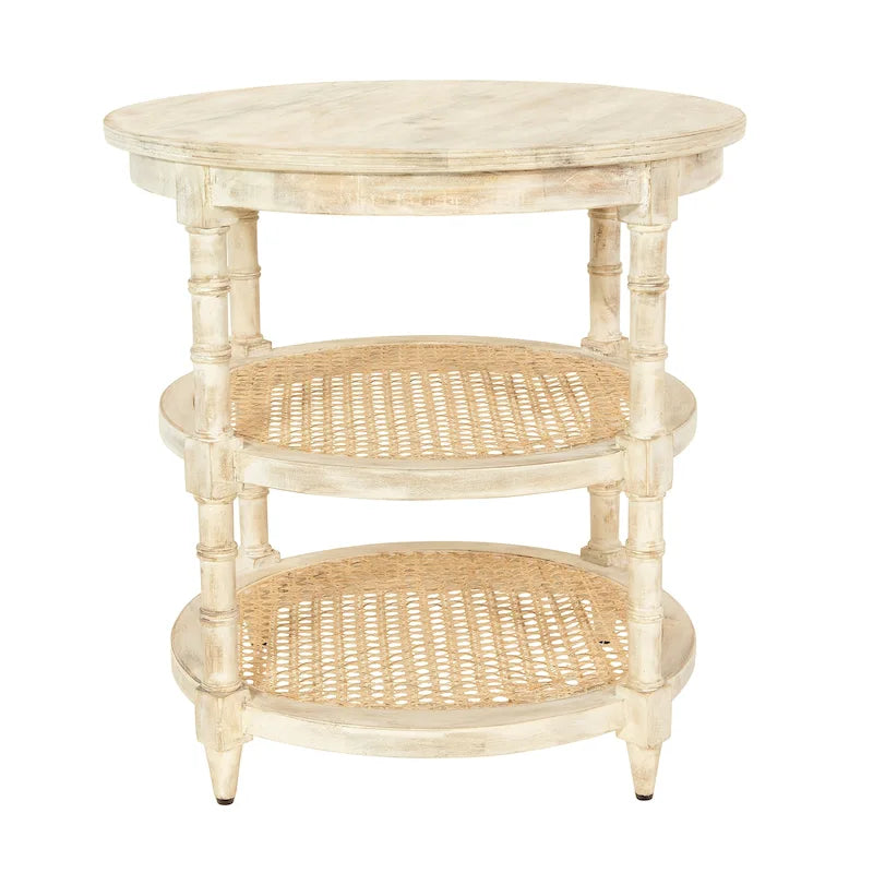 Brown / Distressed White / Grey Washed Solid Wood Round Side Table with 2 Cane Shelves for 1 Person