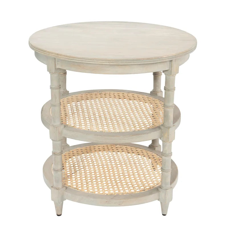 Brown / Distressed White / Grey Washed Solid Wood Round Side Table with 2 Cane Shelves for 1 Person