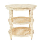 Brown / Distressed White / Grey Washed Solid Wood Round Side Table with 2 Cane Shelves for 1 Person