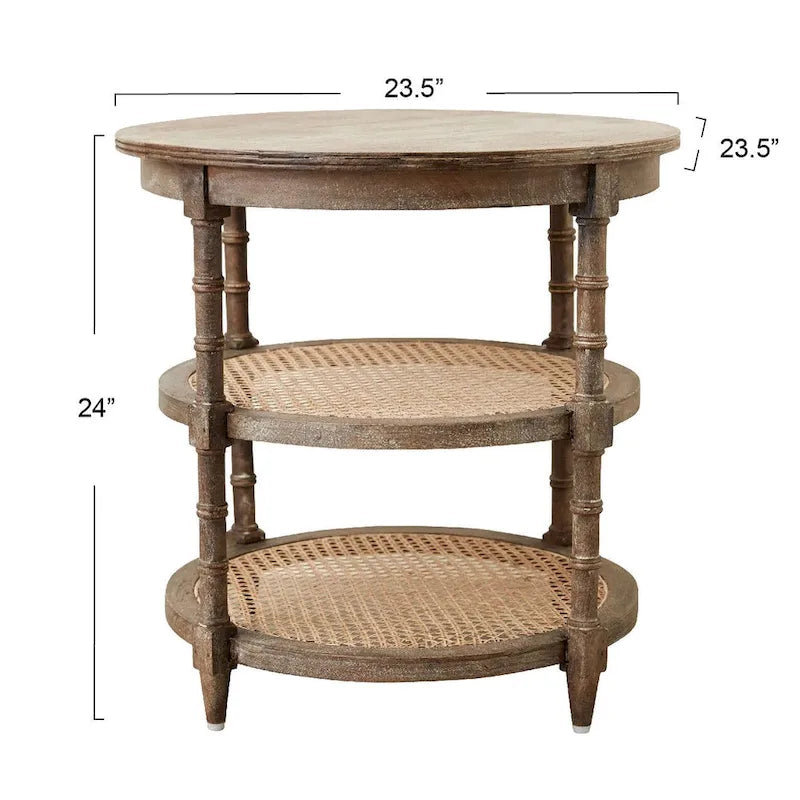 Brown / Distressed White / Grey Washed Solid Wood Round Side Table with 2 Cane Shelves for 1 Person