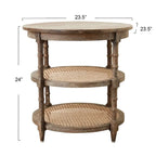 Brown / Distressed White / Grey Washed Solid Wood Round Side Table with 2 Cane Shelves for 1 Person