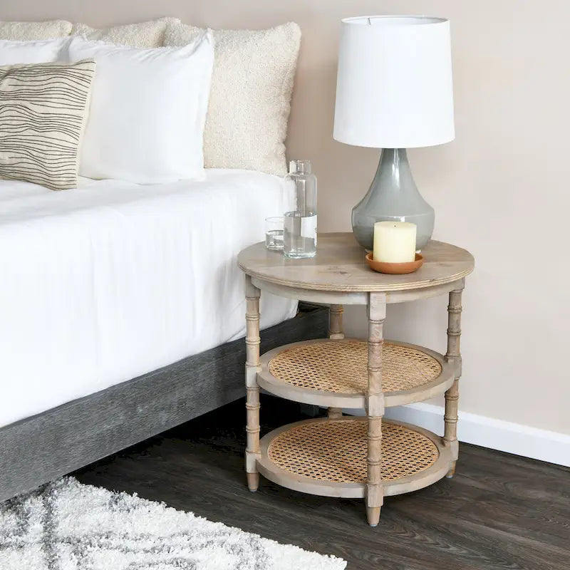 Brown / Distressed White / Grey Washed Solid Wood Round Side Table with 2 Cane Shelves for 1 Person
