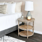 Brown / Distressed White / Grey Washed Solid Wood Round Side Table with 2 Cane Shelves for 1 Person