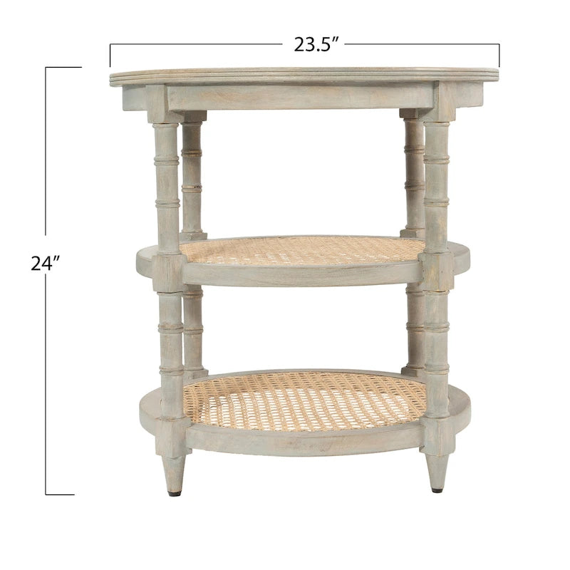 Brown / Distressed White / Grey Washed Solid Wood Round Side Table with 2 Cane Shelves for 1 Person