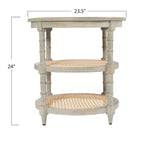 Brown / Distressed White / Grey Washed Solid Wood Round Side Table with 2 Cane Shelves for 1 Person