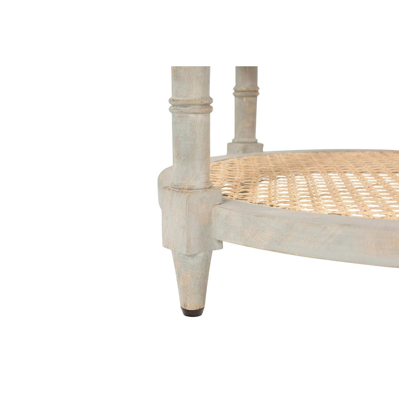 Brown / Distressed White / Grey Washed Solid Wood Round Side Table with 2 Cane Shelves for 1 Person