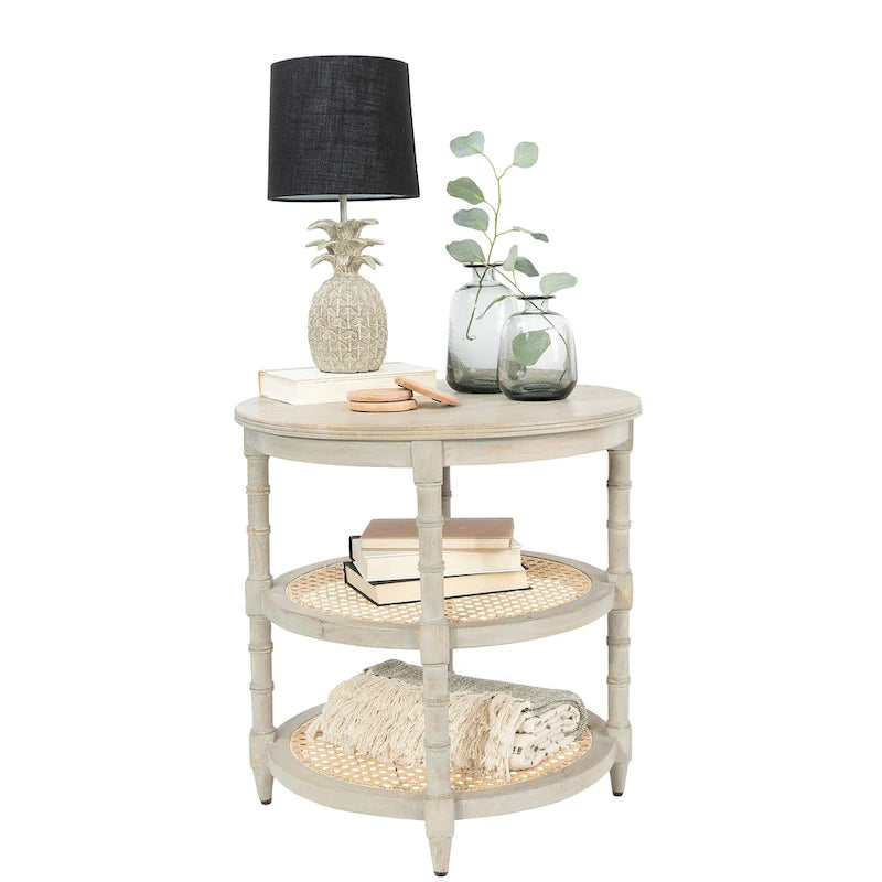 Brown / Distressed White / Grey Washed Solid Wood Round Side Table with 2 Cane Shelves for 1 Person