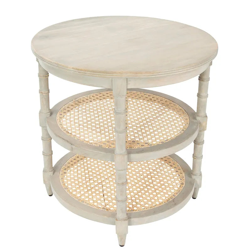 Brown / Distressed White / Grey Washed Solid Wood Round Side Table with 2 Cane Shelves for 1 Person