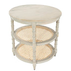 Brown / Distressed White / Grey Washed Solid Wood Round Side Table with 2 Cane Shelves for 1 Person