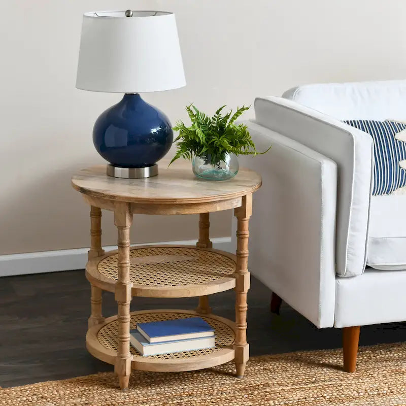 Brown / Distressed White / Grey Washed Solid Wood Round Side Table with 2 Cane Shelves for 1 Person