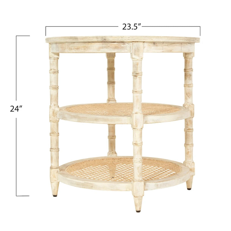 Brown / Distressed White / Grey Washed Solid Wood Round Side Table with 2 Cane Shelves for 1 Person