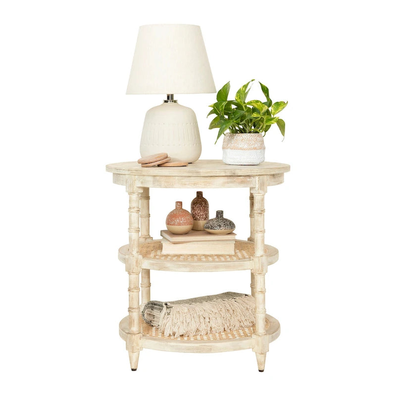 Brown / Distressed White / Grey Washed Solid Wood Round Side Table with 2 Cane Shelves for 1 Person