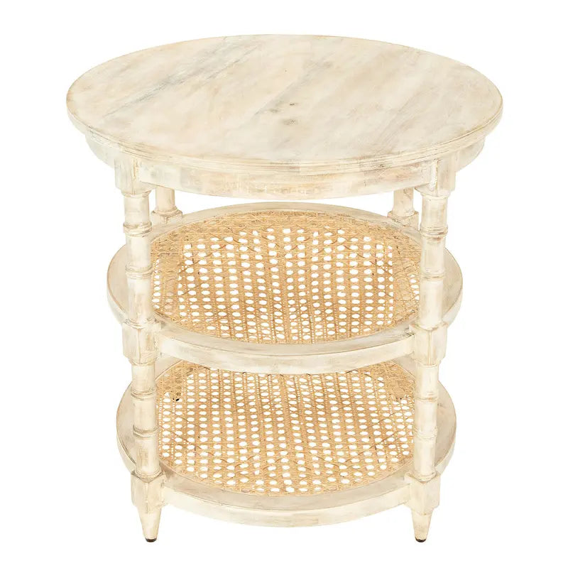 Brown / Distressed White / Grey Washed Solid Wood Round Side Table with 2 Cane Shelves for 1 Person