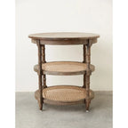 Brown / Distressed White / Grey Washed Solid Wood Round Side Table with 2 Cane Shelves for 1 Person