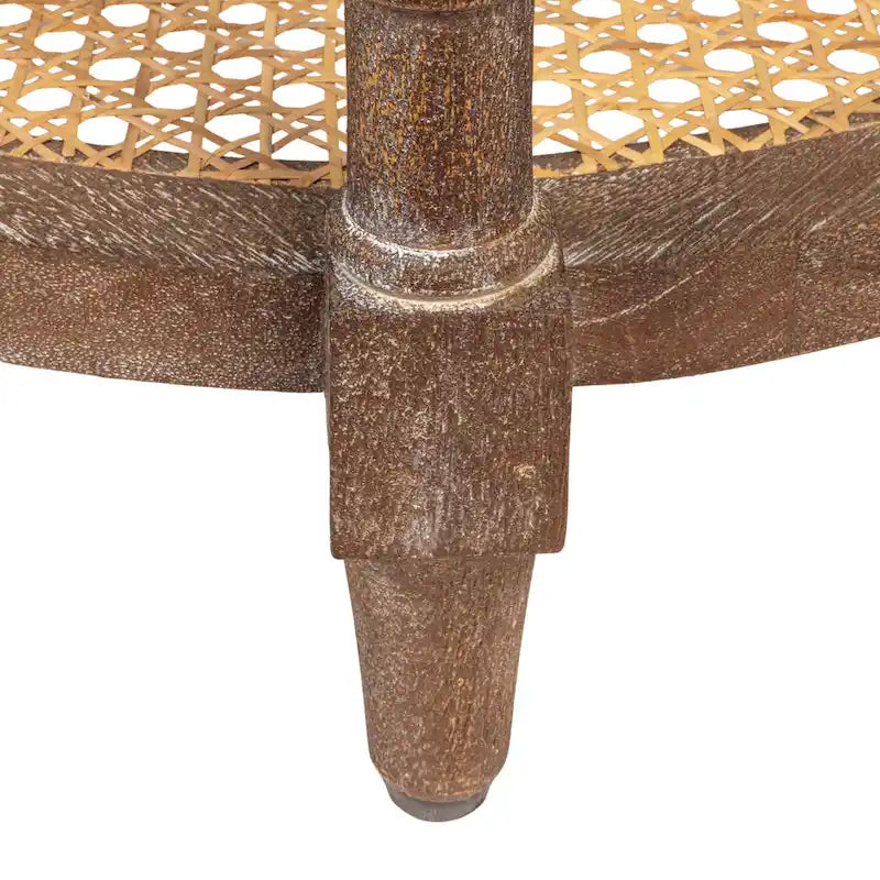 Brown / Distressed White / Grey Washed Solid Wood Round Side Table with 2 Cane Shelves for 1 Person