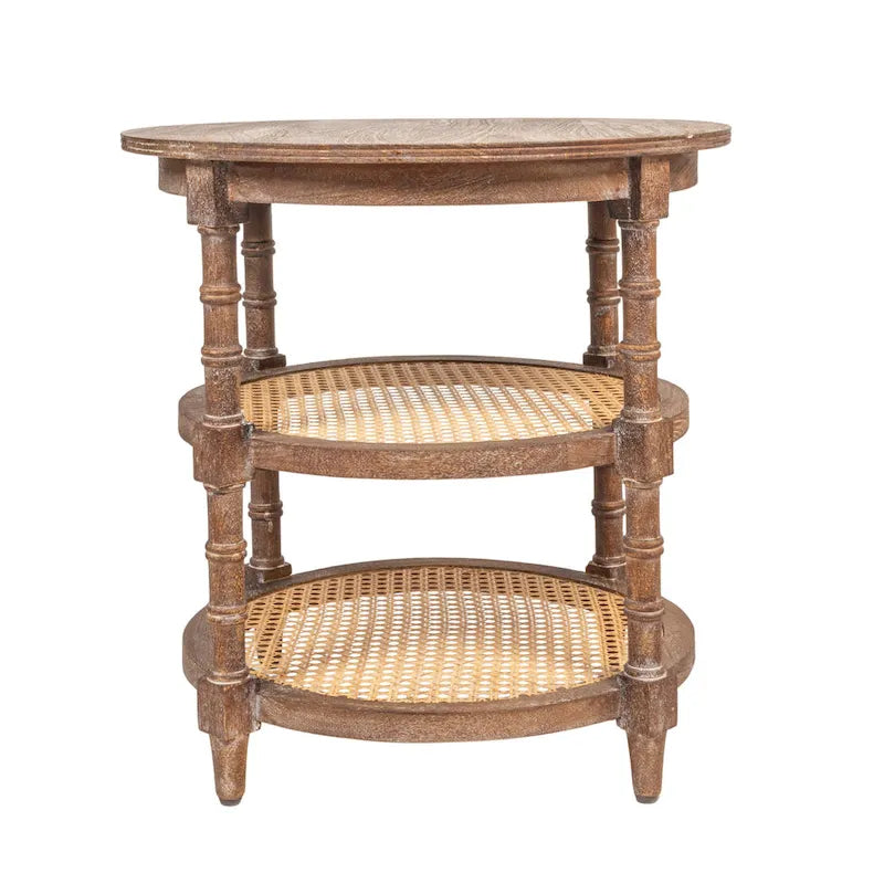 Brown / Distressed White / Grey Washed Solid Wood Round Side Table with 2 Cane Shelves for 1 Person