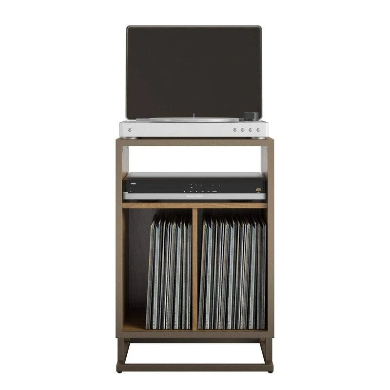 Blue / Walnut Turntable Stand with 3 Open Cubbies and Metal Base for 1–2 Person