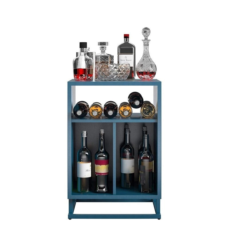Blue / Walnut Turntable Stand with 3 Open Cubbies and Metal Base for 1–2 Person