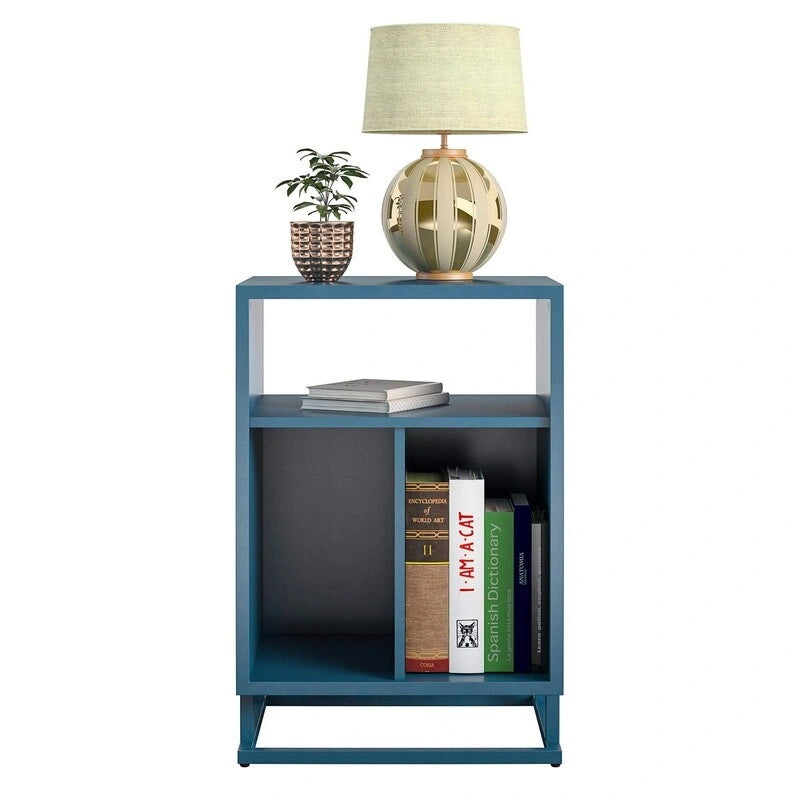 Blue / Walnut Turntable Stand with 3 Open Cubbies and Metal Base for 1–2 Person